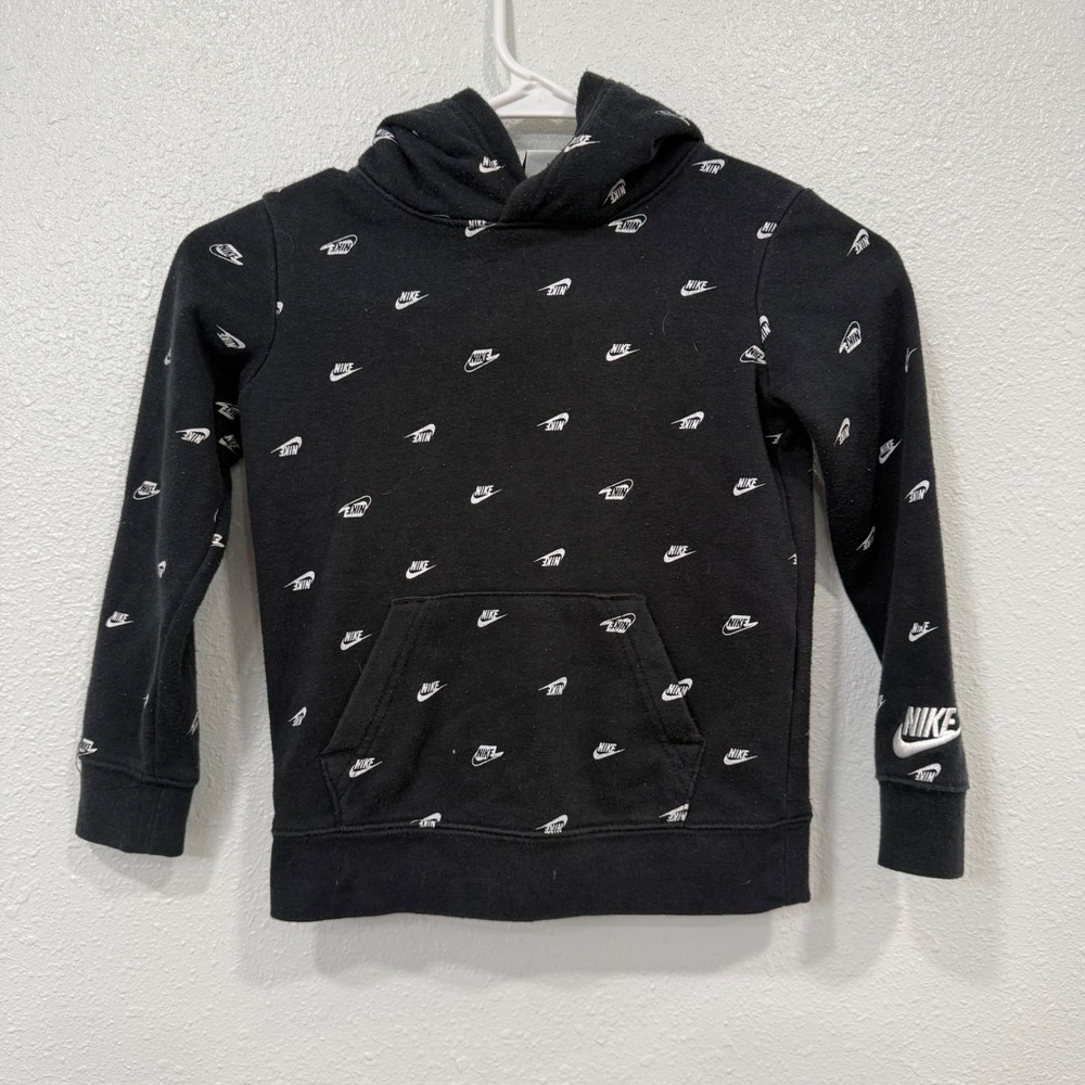 Nike Boy XS 4 Black Hoodie All Over Swoosh Logo Print Fleece Pullover Sweatshirt